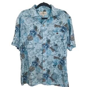 Island Shores Blue Cuban Map Print Button Shirt Medium